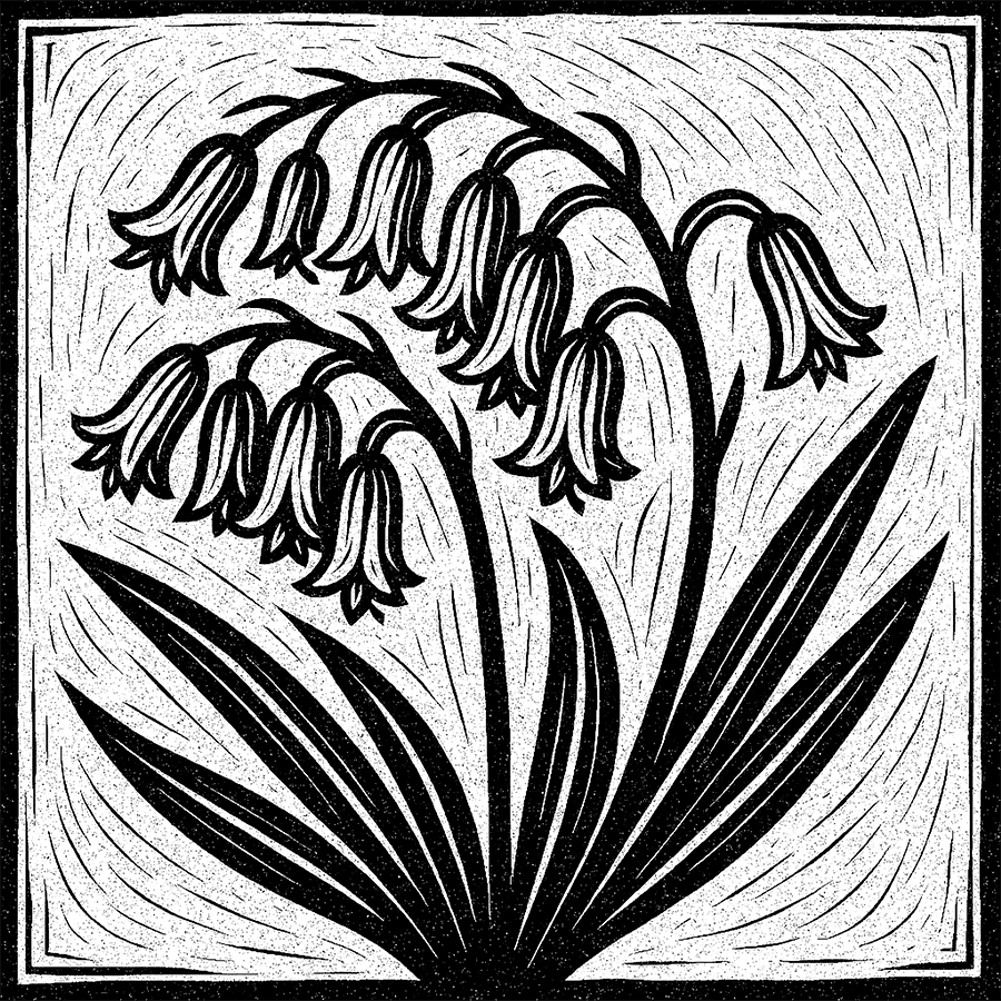 Black and white linocut of a young boy and girl with flowers in front of a background of the word Peace in many languages.