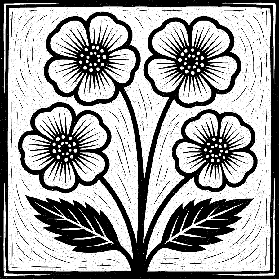 Black and white linocut of four pansie-like blooms.